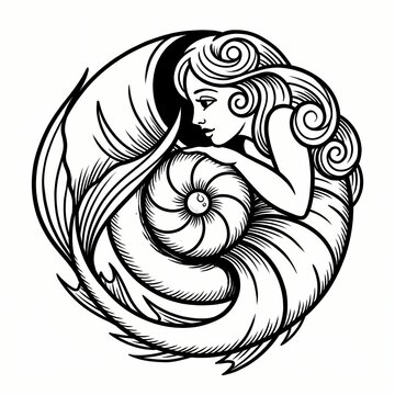 Coiled sea siren embracing a chambered shell inside a circular blackwork tattoo emblem, with sweeping fin forms, spiral hair accents, engraved shading, and crisp ink contours on a clean white ground