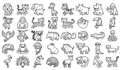 Naklejka premium Cute wild animals, tropical jungle wildlife, safari fauna, and exotic mammals line art vector icons set isolated on white background
