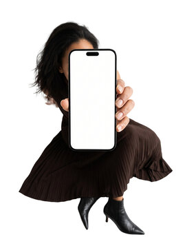 Woman holding modern smartphone close to camera with blank white screen isolated on transparent background, dynamic pose phone mockup png