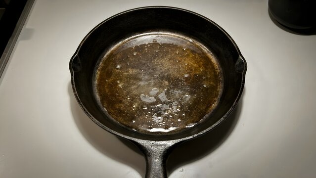 Empty Cast Iron Skillet with Residue on White Background