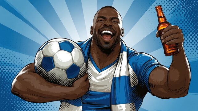 Excited Soccer Fan Celebrating Victory with Ball and Beer in Comic Style