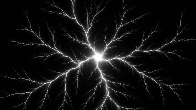 Bright white electrical discharge pattern with intricate branching lightning bolts against a dark black background.