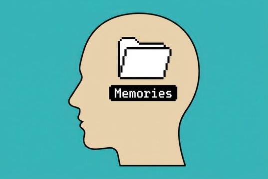 Conceptual Illustration of Human Memory Storage with a Digital Folder Icon Inside a Head Profile