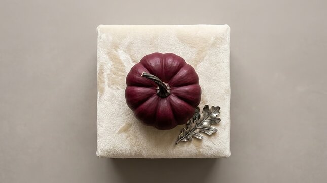 Deep burgundy pumpkin with green stem on textured beige velvet platform deep red