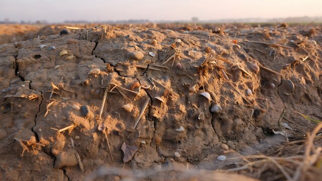 Dry Soil with Cracks and Plant Debris Under Soft Light at Sunset
