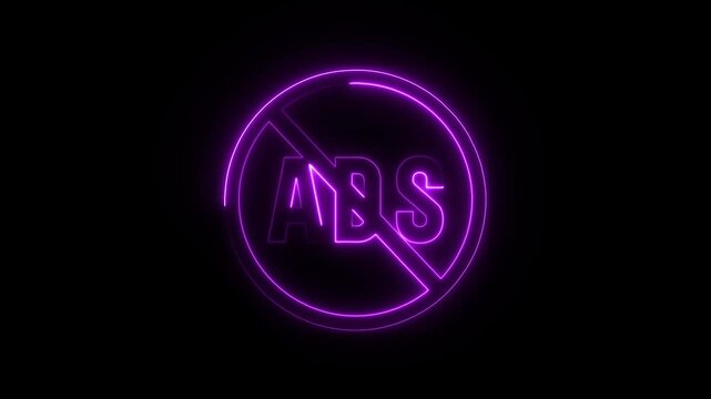 Neon purple AdS sign with a prohibition circle representing anti-lock braking system disabled isolated on black background for automotive safety concepts