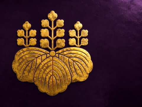 Golden Japanese Family Crest (Goshichi no Kiri Paulownia) on Deep Purple Lacquer, Self-Made Success Branding, Copy Space