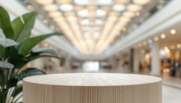 Empty wooden round pedestal mockup on blurred modern shopping mall background for product display and advertisement.