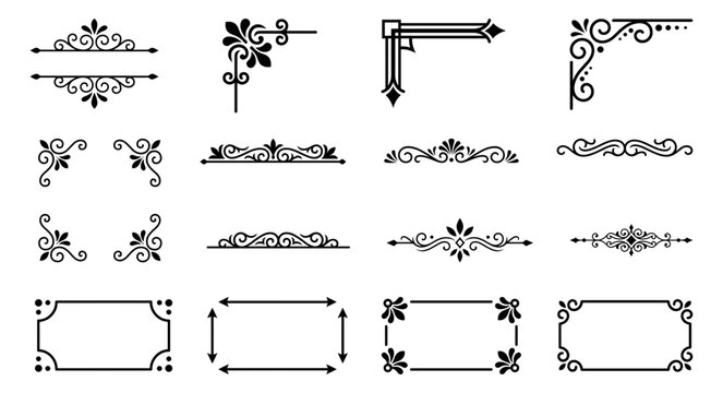 Elegant vintage border set including corners frames and dividers for classic invitations.