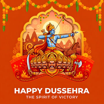 Lord Rama defeating Ravana illustration for Happy Dussehra festival celebration greeting
