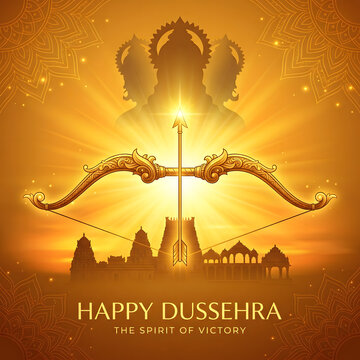 Happy Dussehra greeting card with golden bow and arrow and temple silhouette background