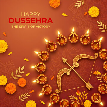 Happy Dussehra greeting card with traditional oil lamps and golden bow and arrow symbol