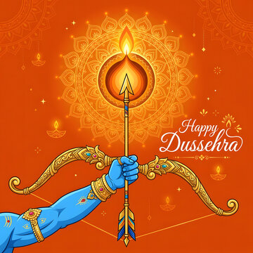 Lord Rama holding bow and arrow for Happy Dussehra festival greeting card illustration