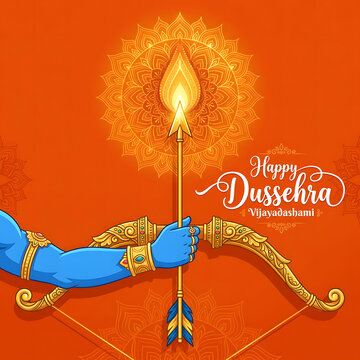 Happy Dussehra greeting card with Lord Rama holding a golden bow and flaming arrow