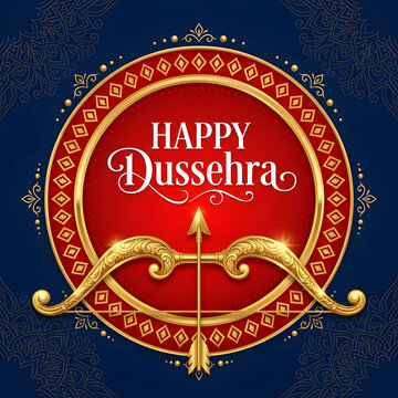 Happy Dussehra festival greeting card with golden bow and floral border design