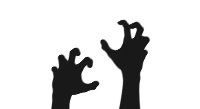 Two spooky black silhouette hands reaching upward in a scary claw gesture presented as an isolated image on a completely transparent background