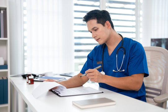  professional doctor wearing uniform taking notes in journal, physician therapist practitioner filling medical documents, clipboard, patient form, illness history, prescription