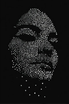 Abstract human face silhouette composed of sparkling white stars against deep solid black background with silhouette constructed dense