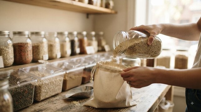 Hands pouring grains from glass jar into cloth bag at zero-waste pantry shop with variety of bulk containers, sustainable shopping concept with copy space