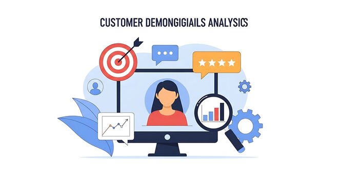 Modern digital illustration depicting comprehensive demographic data evaluation strategy for targeted marketing audience insights using professional web analytics tools and customer behavior research