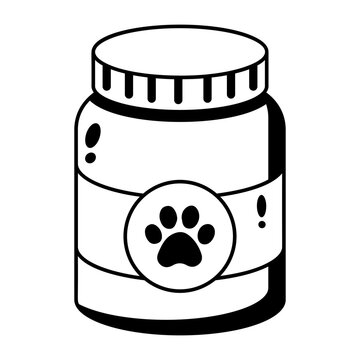 A jar of pet vitamin supplements with a paw label.