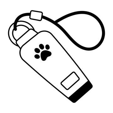 A pink pet training whistle attached to a blue neck cord.