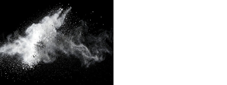 Dynamic white powder explosion with particles flying in motion captured as an isolated object on a transparent background for isolated on transparent background