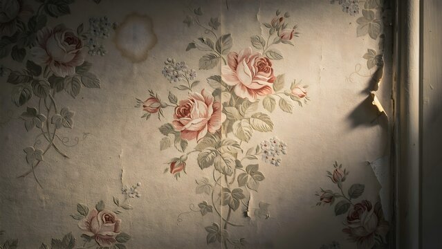 Vintage Floral Wallpaper with Roses, Faded Patterns and Textures