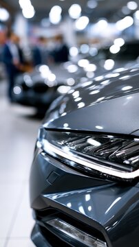 Luxury car close-up in a bright showroom with blurred background, vertical photo  