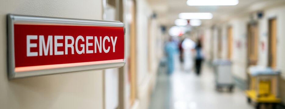 Emergency sign in a hospital hallway indicating urgent care  