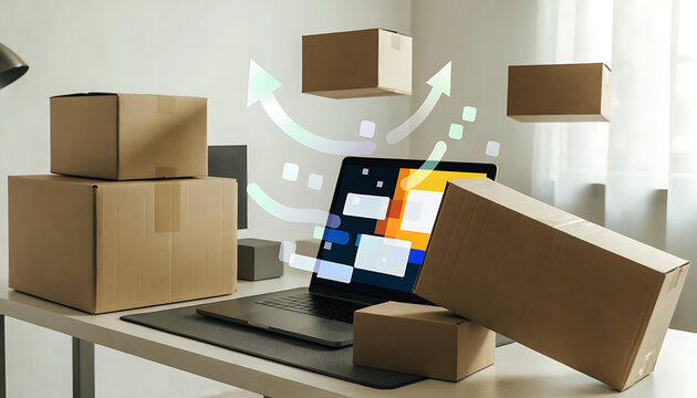 Cardboard Boxes and Laptop Illustrating E-commerce and Delivery Logistics shipping online shopping