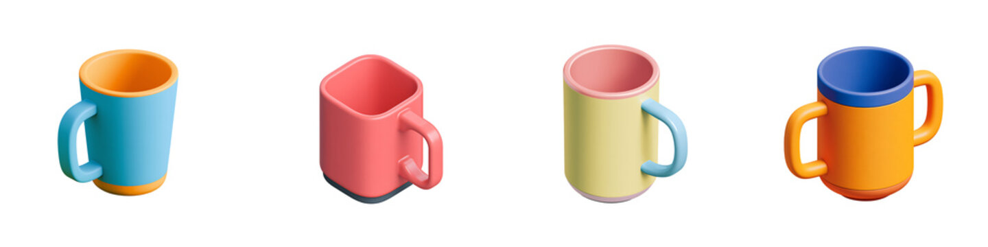 Set of colorful childrens cups with handles isolated on transparent background