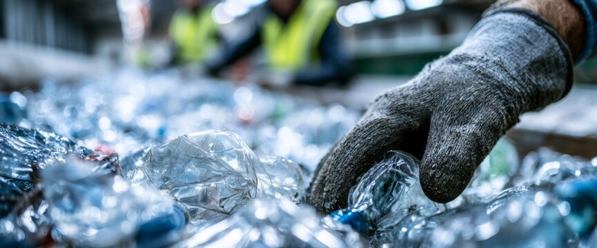 Worker sorting plastic bottles on a conveyor line in recycling facility, close-up photo  