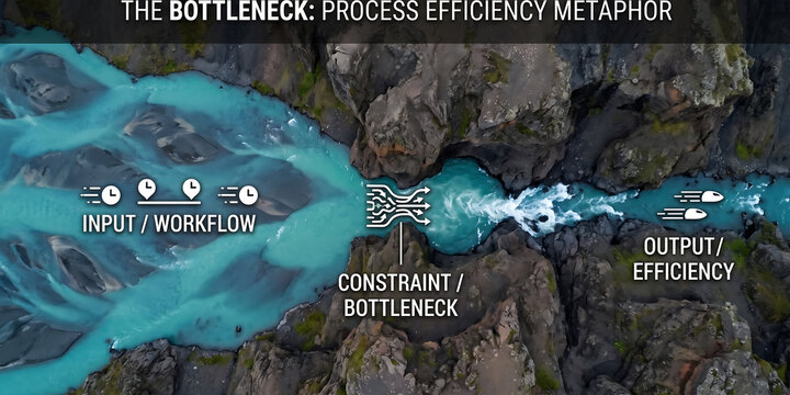 Aerial view of river bottlenecking through canyon illustrating constraint and process efficiency for workflow management.