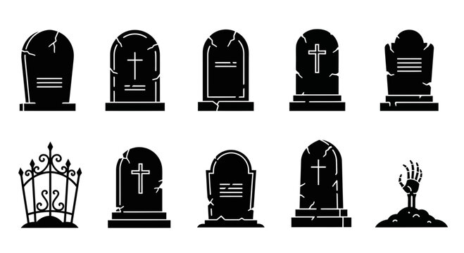 Halloween gravestone icons set, black silhouette tombstone vectors, cemetery headstone collection with zombie hand and gate