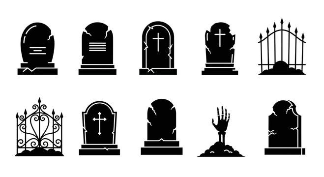 Spooky Halloween gravestone icons set, black cemetery headstone silhouettes, 10 vector elements for funeral and horror design