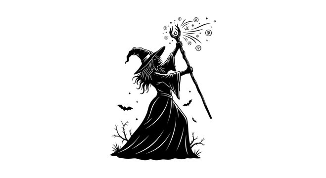Gothic witch silhouette with magic staff vector. Dark sorceress casting spells, mystical Halloween character illustration.