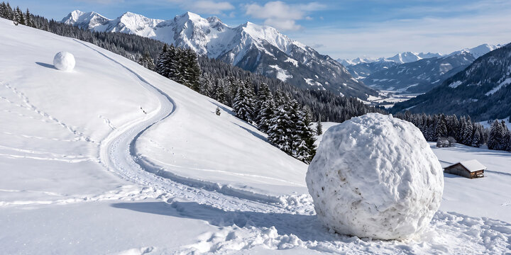 Large snowball rolling down snowy mountain slope during winter landscape with pine forest trees and mountain peaks for seasonal alpine recreation joy.