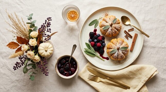 Rustic wooden table with autumn brunch pastries, berries, and coffee cup croissants