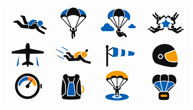 Colorful skydiving and aviation icons set.
