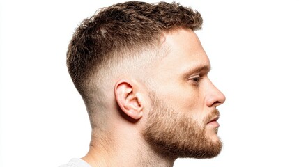 Fototapeta premium Profile view of a young man with a modern haircut and beard against a clean white background for hairstyle inspiration