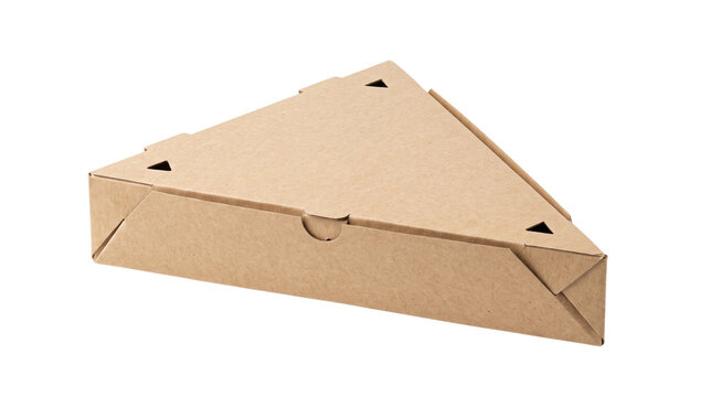 Eco-friendly triangular pizza box, brown kraft paper slice container, recycled cardboard takeaway packaging for food delivery isolated PNG with Transparent Background