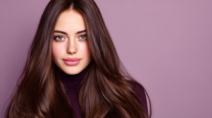 Naklejka premium Young woman with long, shiny hair wearing a turtleneck sweater against a soft purple background, beauty portrait close-up