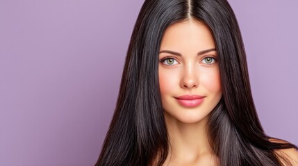 Naklejka premium Beautiful woman with long dark hair and captivating green eyes posing against soft purple backdrop in natural light
