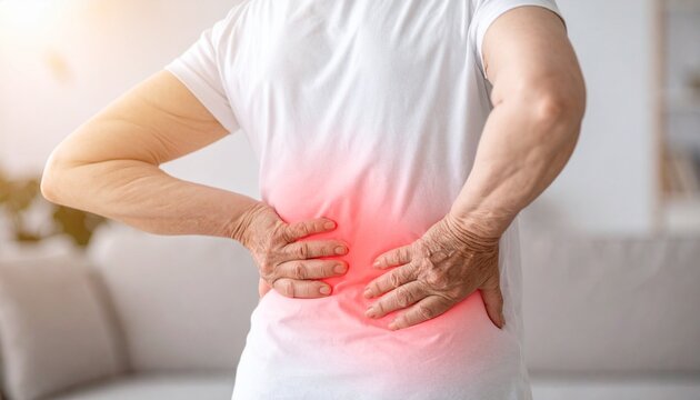 Senior woman holding her aching lower back with hands highlighted in red pain overlay indoors.