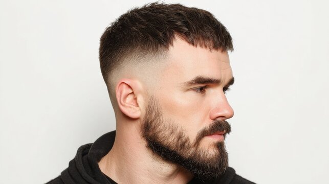 Stylish men&rsquo;s haircut with short sides, modern fade, and full beard showcasing facial profile against white background