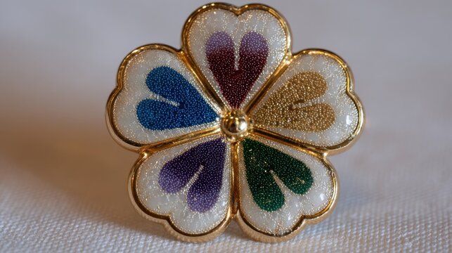 Elegant Enamel Flower Brooch with Colorful Petals in Purple, Blue, Gold, and Green Shades on White Background