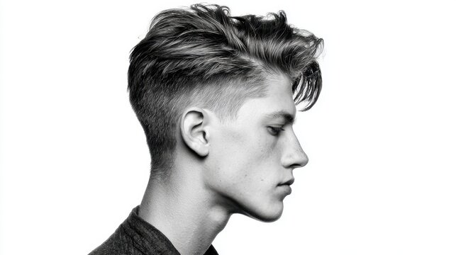 Young Man with Stylish Haircut in Profile Black and White Photography Showcasing Contemporary Male Fashion and Grooming