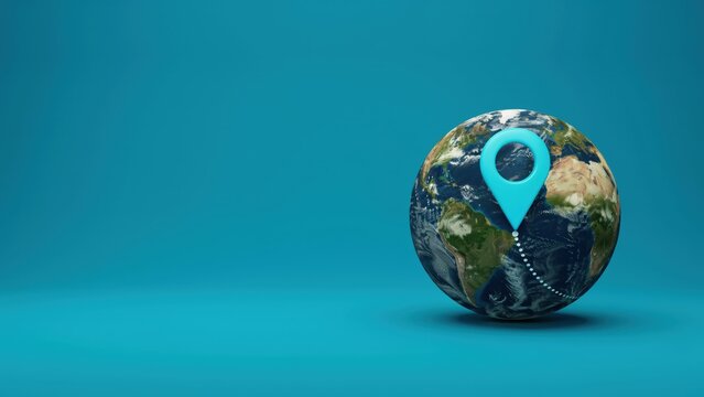 Blue location pin on a realistic Earth globe representing global travel and logistics. Concept for worldwide shipping and international business tracking.