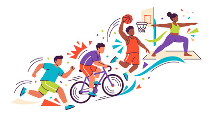 Obraz premium Active People Doing Fitness Sports Running Cycling Basketball and Yoga Workout Healthy Lifestyle Flat Vector Illustration